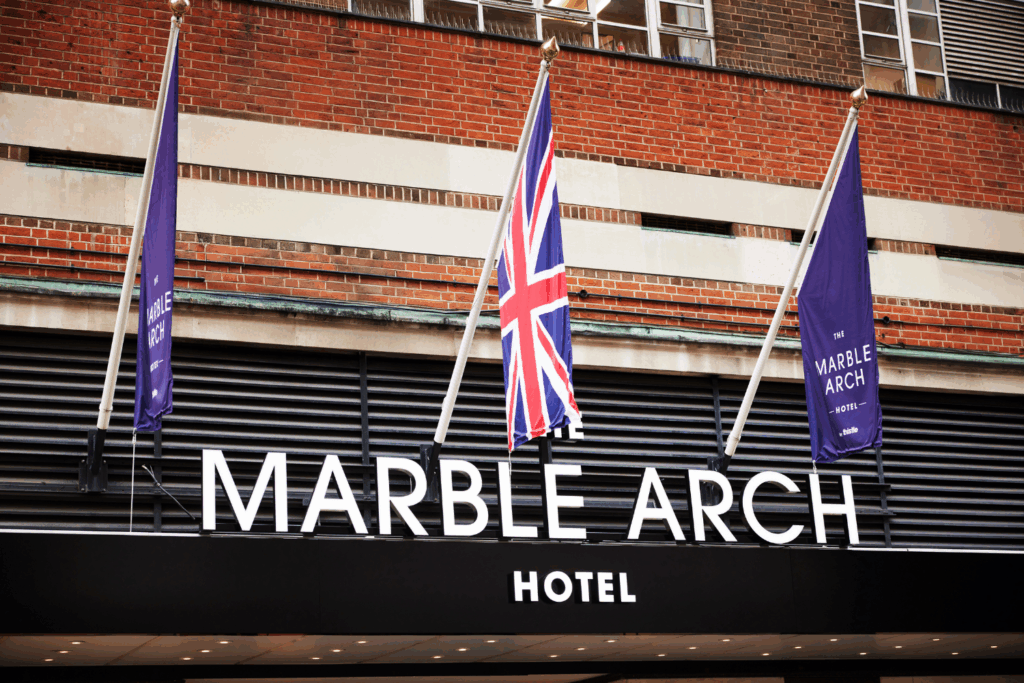 Marble Arch hotel signage with flags